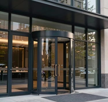 A high-end architectural photograph of a modern North American corporate entrance featuring large glass pivot doors and sleek dark navy steel frames, symbolizing established expertise and security.