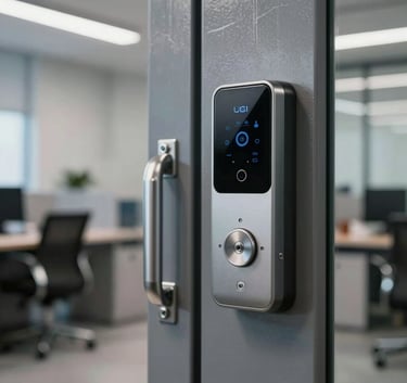 Close-up commercial photography of high-performance door hardware and electronic access control systems installed on a heavy-duty industrial door, in a professional US office setting.