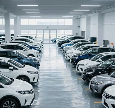 A wide-angle, high-resolution photograph of a pristine, organized indoor car warehouse in Japan, featuring rows of high-quality used Japanese sedans and SUVs. The lighting is bright and professional, reflecting off the polished concrete floor. The environment exudes reliability and scale, incorporating #F8F9FA and #405D7C in the architecture.