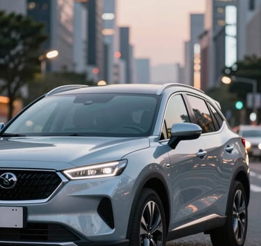 A close-up, established style photo of a modern Japanese SUV parked in a scenic Tokyo urban setting at dusk. The vehicle's metallic paint reflects the soft city lights in #A5BCCF and #F8F9FA tones. The composition is professional and clean.