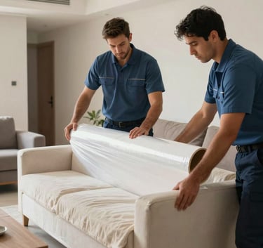 Professional movers in Peru carefully wrapping furniture in high-quality protective film and thick blankets. The scene is set inside a modern South American home, emphasizing care and reliability. The colors in the scene include Slate Blue uniforms and Off-white packaging materials.