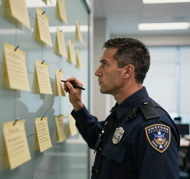 A sharp, high-contrast photograph of a professional investigator in a modern US office looking intensely at a glass wall covered in evidence markers and connections, emphasizing intelligence and precision.