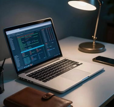A sophisticated North American investigator's workspace at night, featuring a desk with a sleek laptop showing data patterns, a classic leather notebook, and soft ambient lighting from a desk lamp, casting professional shadows in shades of deep teal and slate blue.