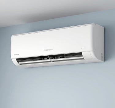 A sleek, modern split air conditioner unit mounted on a clean Pale Mist Blue wall in a stylish Latin American / Spanish home interior. Minimalist and fresh aesthetic.