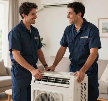 A smiling professional technician in a Deep Navy Blue uniform installing a high-end air conditioning unit in a bright, modern Latin American / Spanish living room. Warm natural lighting.