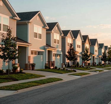 A professional wide-angle shot of a beautiful suburban street in a North American / US (Southeast) neighborhood in Raleigh, NC. The image features a row of modern townhomes at sunset with warm lighting and landscaping in Muted Seafoam and Soft Sage tones.