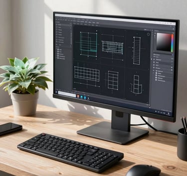 A designer's desk in a North American studio with a large monitor displaying wireframes, a mint green plant, and bright morning light illuminating the high-performance workspace.
