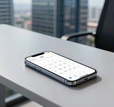 A close-up of a modern desk in a Brazilian skyscraper office at mid-day. A smartphone displays a clean calendar interface. The lighting is crisp and professional, using a light grey and dark blue palette.