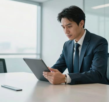 A professional South American setting where an executive is looking at a tablet in a bright, modern meeting room. The style is clean, reflecting corporate reliability with teal and white tones.