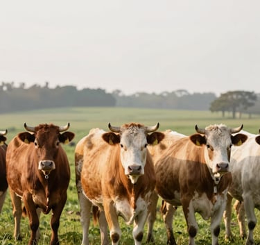 A group of healthy, powerful Nelore beef cattle in a lush green pasture (#88A67B). Professional agricultural photography, clean composition, soft morning sunlight reflecting the brand's trustworthy and expert mood. Earthy tones #6E615B present in the landscape.