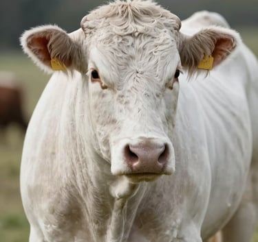 Close-up detail of a high-quality bull showing muscle structure and health. Soft focus on the background featuring the farm's natural palette. The style is modern, professional, and sophisticated, using the #F8F3EC light quality for clarity.