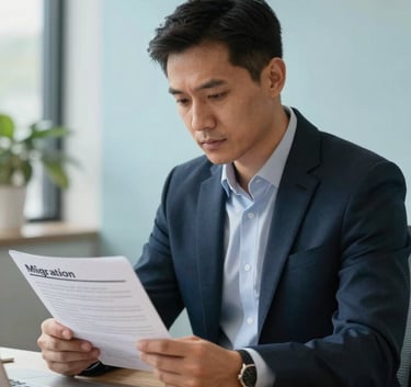 A professional advisor in a bright, modern International / Australasian office, reviewing migration documents. The scene is lit with soft natural light and features Deep Charcoal Navy and Soft Sky Blue accents in the decor.