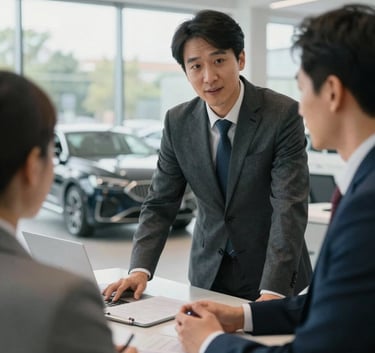 Professional car consultant in business attire assisting a client in a bright dealership office, soft focus on cars through the window, Central European setting, modern and welcoming mood.