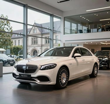 Photography of a modern and spacious car showroom in Neufahrn Germany, featuring a white luxury sedan on a polished floor, natural light streaming through large glass windows, Central European architectural style.