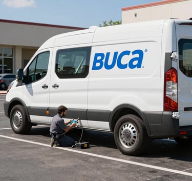 A professional service van with steel blue branding parked in a sunny North American / US office parking lot. A technician is preparing tools near the vehicle. The scene is bright, airy, and efficient, reflecting a trustworthy atmosphere.