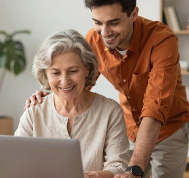 A friendly IT professional in a clean orange shirt helping a smiling senior woman with her laptop in a bright living room, modern and trustworthy atmosphere, professional lighting.