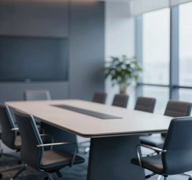 A high-end corporate boardroom with a minimalist aesthetic, soft natural light, and elegant furniture in shades of #1A2C38 and #3A6076.