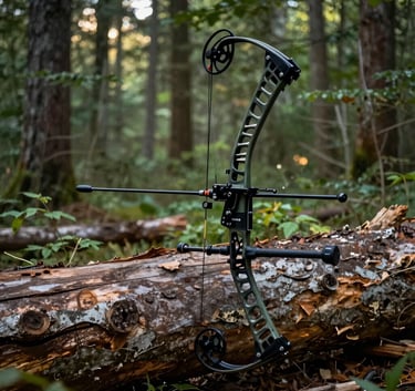 A premium hunting compound bow resting against a weathered cedar log, early morning light filtering through a North American forest, featuring deep greens and earthy browns. No people.