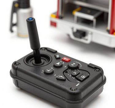 A professional remote control transmitter unit for fire fighting monitors, with a precise joystick and rugged casing. A modern oil terminal is blurred in the background, conveying industrial safety.