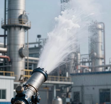 Powerful industrial foam monitor cannon discharging a thick stream of extinguishing foam in a controlled refinery testing environment. High-contrast professional photography using #1A202C and #3D5A80 tones.