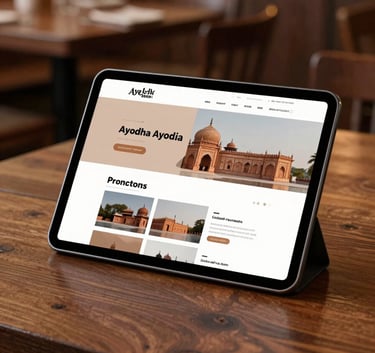 A high-end tablet placed on a traditional wooden restaurant table in Ayodhya, displaying a professional, clean 5-page website. Warm indoor lighting, highlighting textures of #4A2D2A and #E7D9C7.
