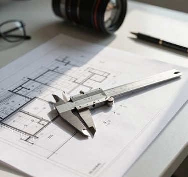 A clean desk in a North American / Mexican office with architectural plans and a precision caliper, soft natural morning light, professional atmosphere.