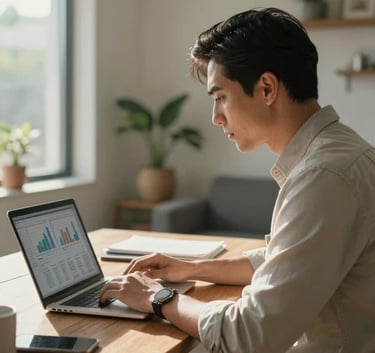 A professional in business casual attire sitting in a modern, sunlit North American / Mexican home office, focused on a laptop screen with data charts, cinematic lighting.