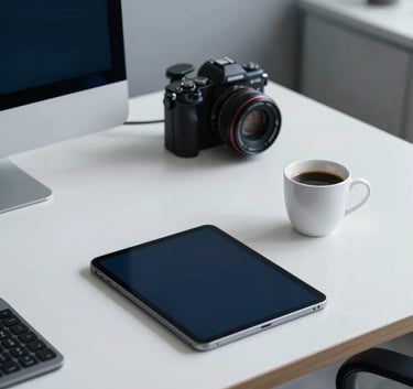 A high-end tech workspace in a North American city hub featuring a clean desk with a modern tablet and a cup of coffee. Soft ambient lighting with medium navy and light blue-grey accents.