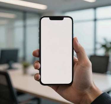 A sleek minimalist smartphone held by a professional in a modern North American office setting. Focus on a clean screen with soft morning light and off-white and muted blue tones in the background.