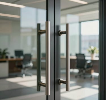 A close-up photograph of a professional glass door with elegant handles in a modern North American / US office building, reflecting a bright, sunlit interior.