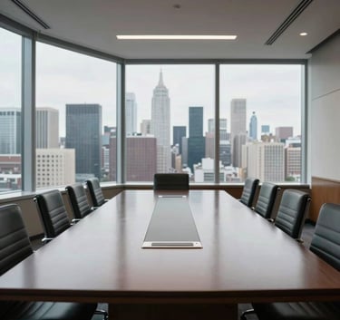 A professional photograph of a large, high-end North American / US boardroom with a long polished table and floor-to-ceiling windows overlooking a city skyline.