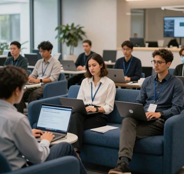 A diverse team of professionals attending a high-tech workshop about AI and search optimization in a modern Global / International workspace with slate blue furniture.