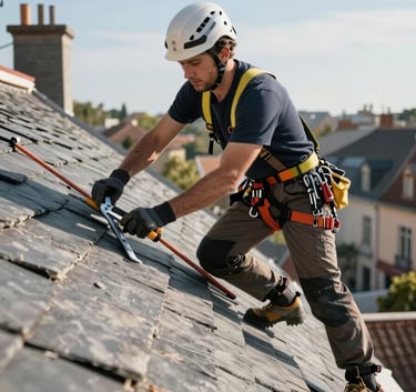 A professional roofer in safety gear working on a beautiful slate roof under a clear sky, clean and modern tools, European / French setting with traditional architecture in background.