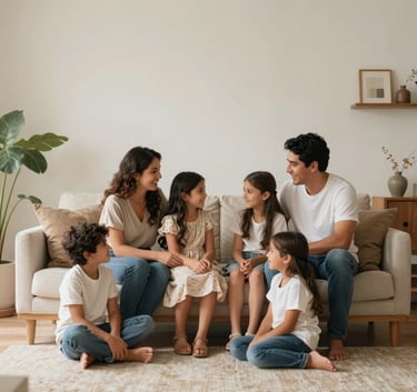 A happy Mexican family sharing a quiet moment in a bright, minimalist living room with warm, natural lighting and sophisticated decor.