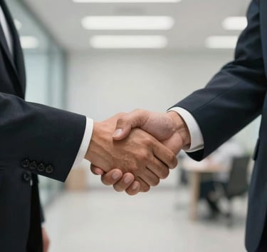Close up of a professional handshake between two people in a clean, modern Mexican corporate environment, soft focus on the background.