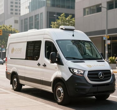 A professional wide-angle shot of a modern, clean mobile service vehicle branded with subtle gold accents, parked in a North American business district during a bright, clear morning. The atmosphere is sophisticated and reflects excellence in service.