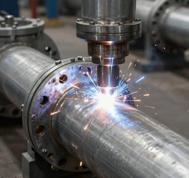 A detailed industrial photograph of precision welding on a steel pipeline in an Indian factory, focusing on technical precision and the metallic texture of steel grey materials.