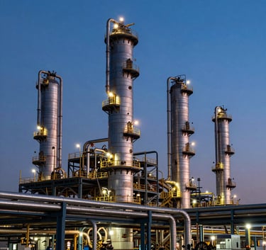 A wide-angle photography of a complex South Asian industrial refinery site, showcasing intricate steel piping and massive structural erection against a deep blue dusk sky with vibrant orange sunset highlights.