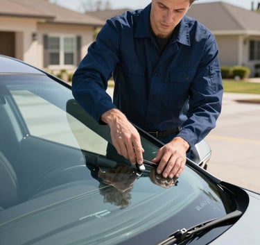 A professional technician wearing a dark blue uniform carefully inspecting a windshield on a modern vehicle parked in a bright North American driveway. The lighting is crisp and natural, emphasizing a modern and clean aesthetic.