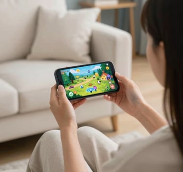 A person sitting on a plush sofa in a cozy North American living room, holding a mobile phone. The screen displays a colorful and peaceful puzzle game. The room is decorated in soft off-white and light blue-grey tones.