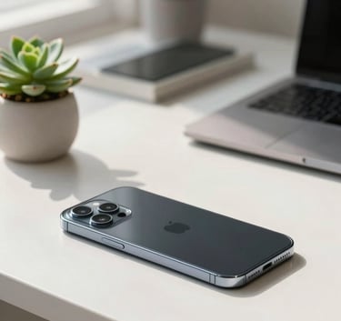 A high-end smartphone resting on a clean white desk next to a small green succulent plant. The background is a blurred North American home office bathed in serene morning light, creating a calm and professional atmosphere.