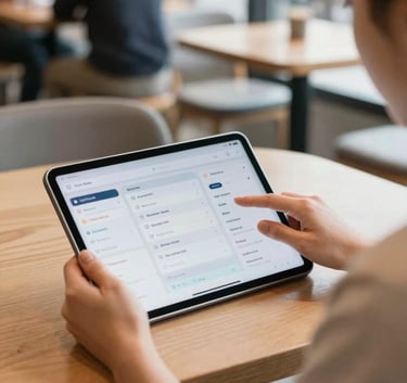A person sitting comfortably in a modern North American cafe, interacting with a tablet that displays an intuitive mobile dashboard. The scene is bright and airy, with a shallow depth of field focusing on the device.