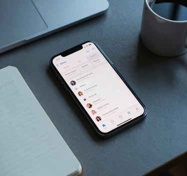 A top-down view of a designer's desk in a North American studio, featuring a smartphone showing a clean productivity app, a minimalist notebook, and a coffee mug. The palette features subtle blue tones and professional lighting.