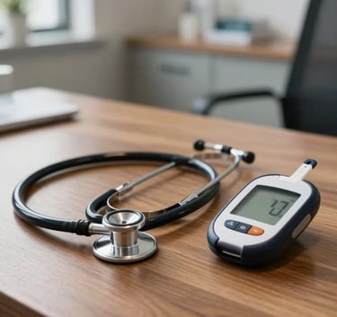 A clean, modern North American / US medical office interior with soft natural light. A professional stethoscope and a digital glucose meter sit on a polished wooden desk, creating an atmosphere of authority and health management. High-end photography, sharp focus, professional lighting.