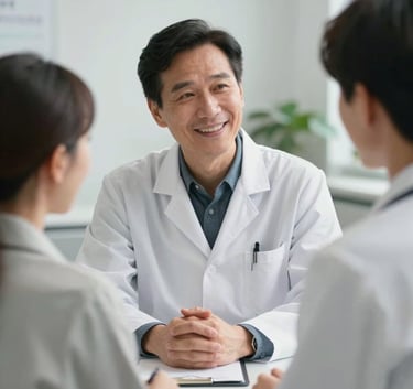 A professional North American / US medical educator in a white coat speaking warmly to a listener in a bright, modern clinic. The lighting is soft and trustworthy, highlighting the collaborative nature of diabetes education. Clean composition, professional photography style.