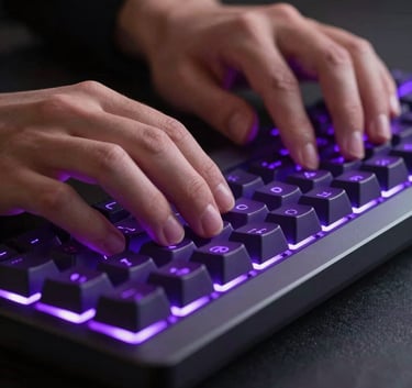 Macro shot of hands typing on a mechanical keyboard with glowing neon purple keycaps, professional studio lighting, North American tech office vibe.