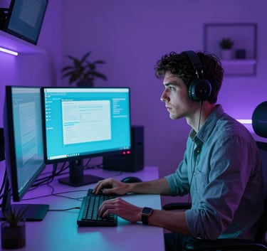 A focused developer in a North American home office at night, illuminated by the neon cyan and purple glow from three computer monitors, cinematic lighting.