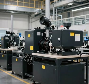 A wide shot of a clean, high-tech industrial packaging facility with black machinery and yellow safety markings, Iberian / Latin American factory floor, sharp focus, efficient mood.