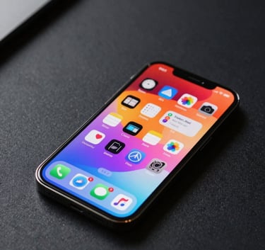 Close-up photo of a modern iPhone Pro on a dark minimalist desk in a North American / US studio. The screen shows a vibrant mobile app interface. Soft, sophisticated lighting.