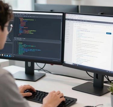 A professional developer in a high-tech North American / US workspace, focused on a dual-monitor setup showing app source code and interface wireframes. Bright, clean, modern aesthetic.